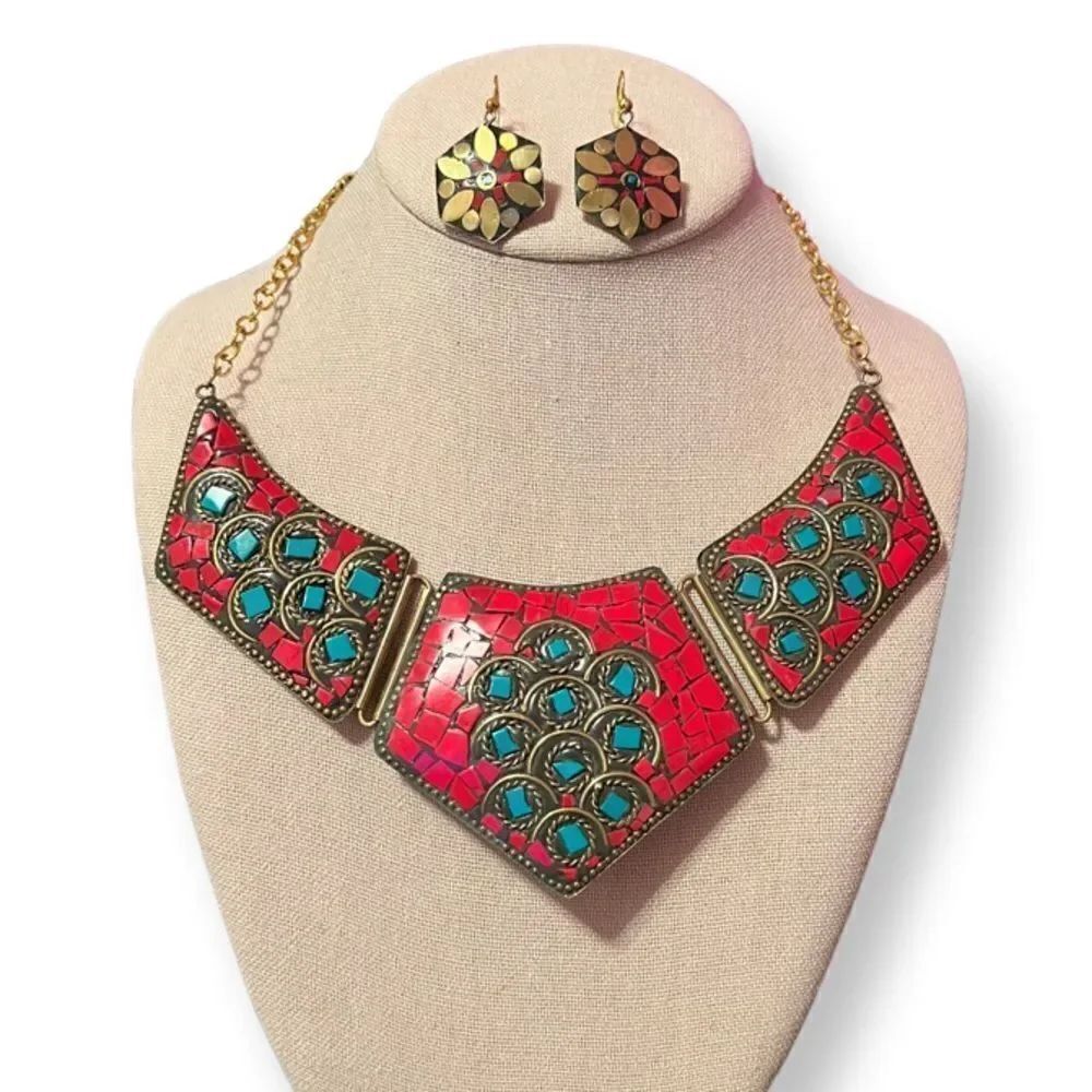 East Asian Style Red Turquoise And Gold Statement Necklace And Earrings Set